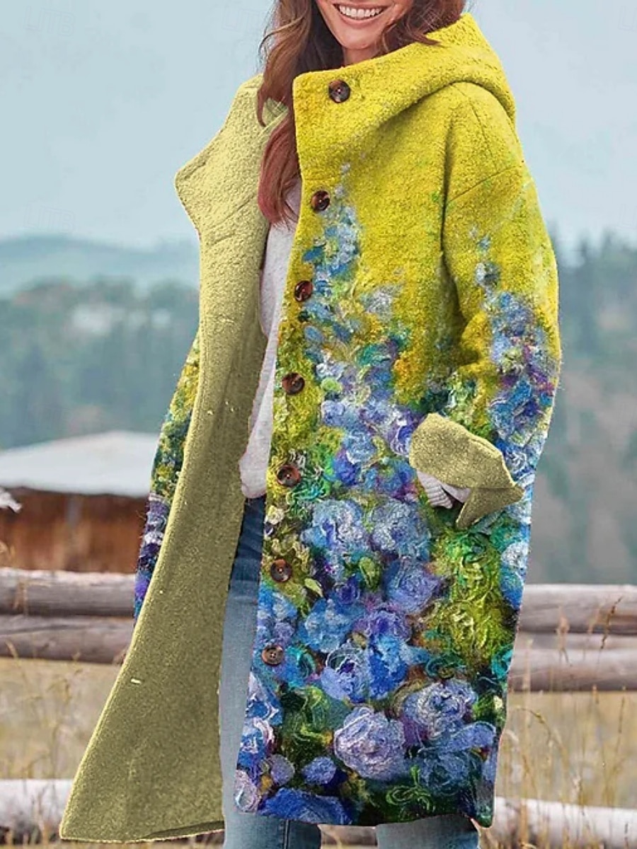 Dame Vinterjakke Fleece-jakke Frakk Hold Varm Pustende Lomme Knapper Trykt mønster Aktiv Daglig Fritid Blomstret Feriereise Gate Daglig Enkeltkneppet Lang Hettegenser Normal Langermet Yttertøy Svart 2025 - $46.99 –P7