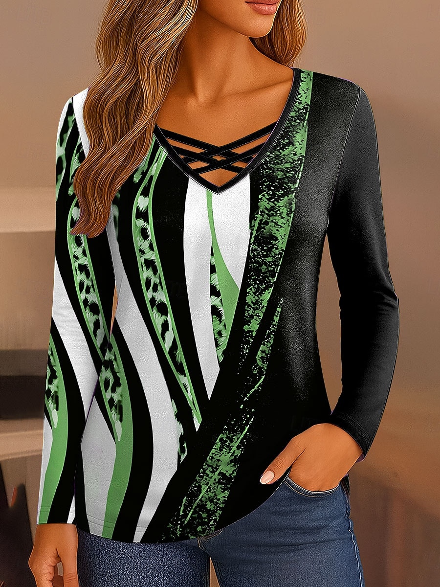 Pentru femei Tricou Grafic Leopard Geometric Epocă Stilat Clasic Manșon Lung În V Topuri obișnuite Zilnic Eliminat Imprimeu Galben Albastru piscină Mov Trifoi Gri Primăvară Toamnă 2025 - $22.99 –P5