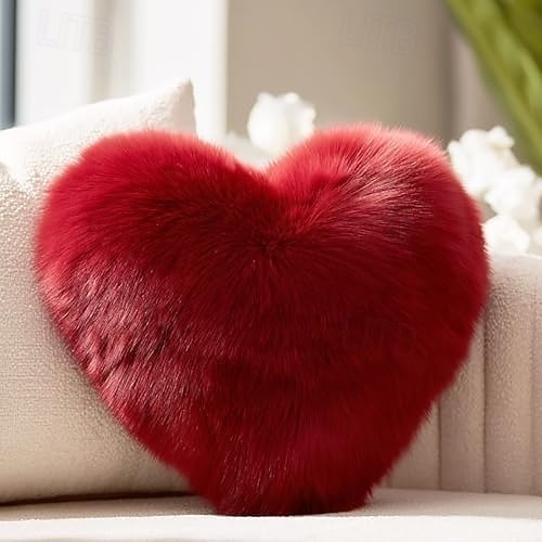 Valentine's Day Wine Red and Gray Heart-Shaped Pillow, Faux Fox Fur Decorative Cushion, Soft Fluffy Throw Pillow for Sofa, Chair, Bed, Living Room, Plush Home Decor Accent 2026 - $20.99 –P1