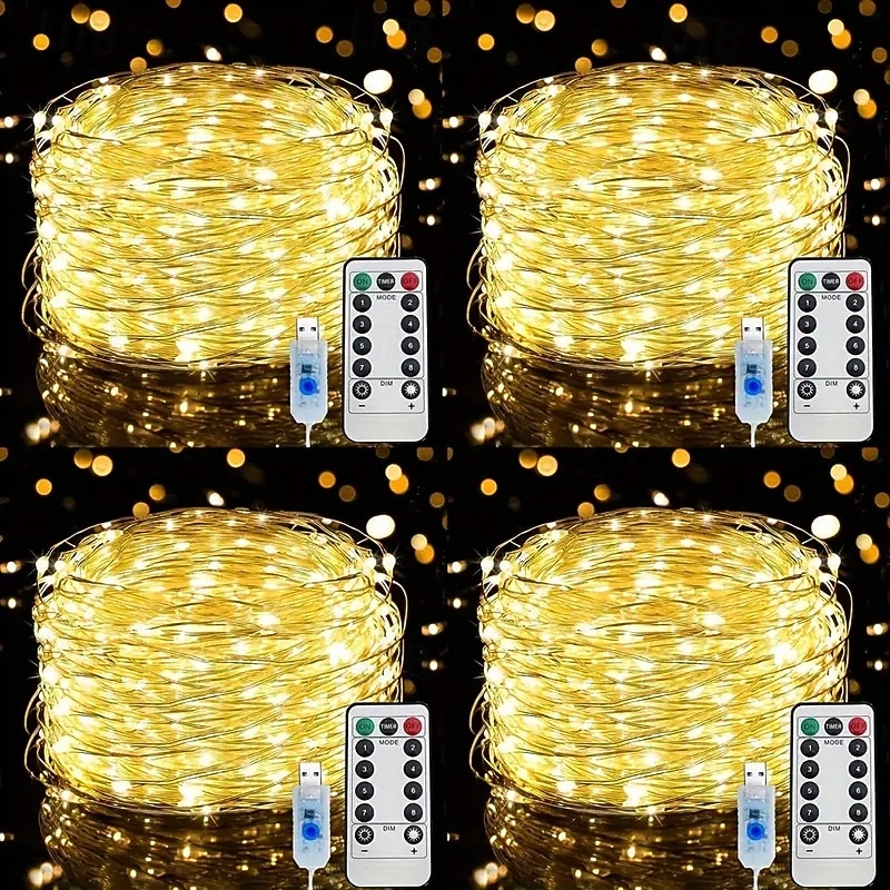 4 pezzi 10 m/33 piedi 100 fasci di luci a LED per Halloween Natale San Valentino festa di nozze stringa di luci in filo di rame per interni ed esterni spina USB telecomando a 8 funzioni IP44 del 2025 a $23.99 –P3