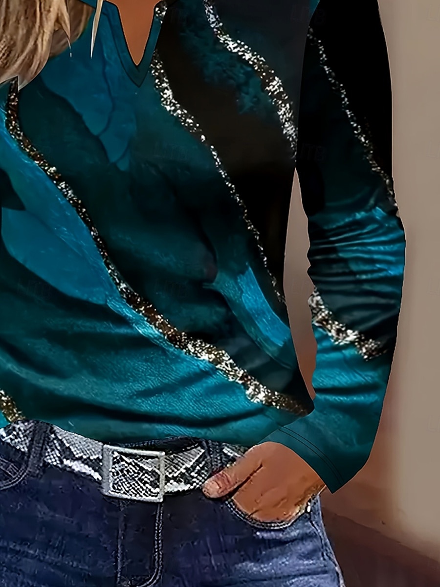 Per donna Maglietta Stampato Grafico Astratto Marmo Vintage Elegante Classico Manica Lunga Scollo a V Collo a V Top Regolari Quotidiano Weekend Blu Primavera Autunno Inverno del 2026 a $24.99 –P2