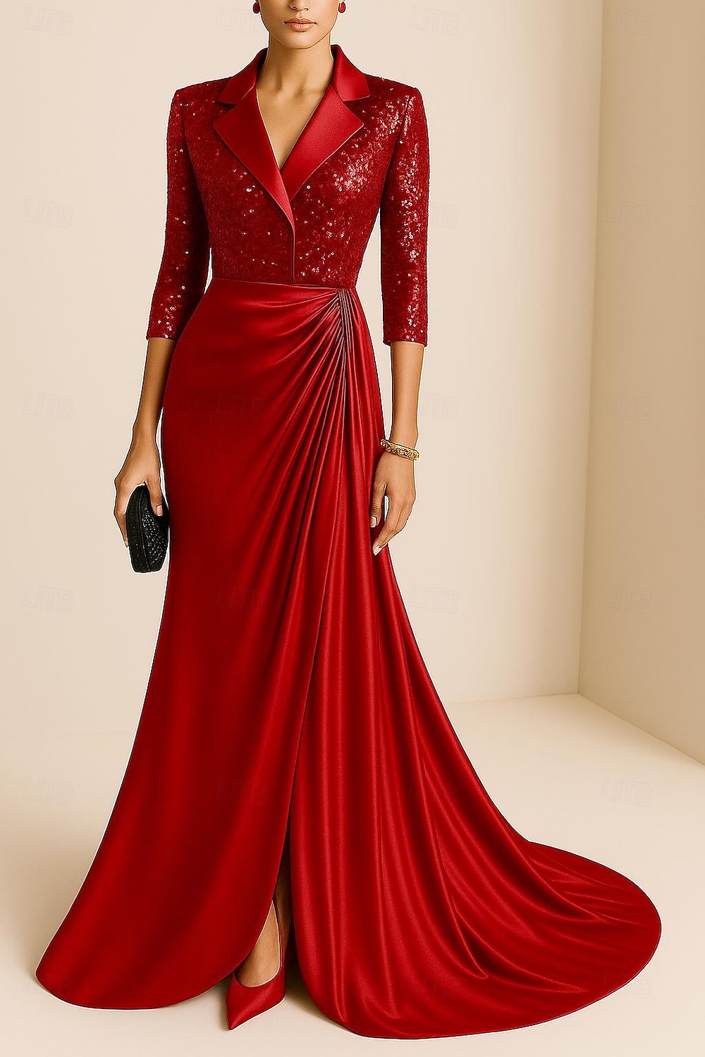 Havfrue Kveldskjoler Elegant Kjole Formell Bryllup Gulvlengde Langermet Knaphul Champagne Mother Of the Bride-kjole Elastisk satin med Glimmer Plissert 2025 2025 - $149.99 –P5