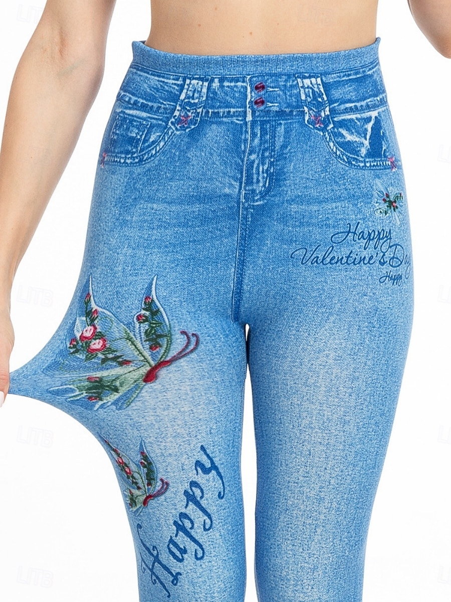 Dames Leggings Verontruste spijkerbroek Vakantie Vintage Casual Volledige lengte Hoge taille Bloemig Vlinder Elastische tailleband Opdrukken Zacht Comfortabel Rekbaar Buiten Straat blauw Luchtblauw 2026 - $24.99 –P8