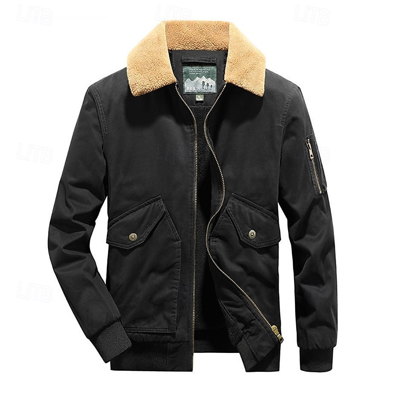 Men's Winter Jacket Bomber Jacket Fleece Jacket Vacation Daily Thermal Warm Pocket Fleece Winter Plain Fashion Streetwear Lapel Regular Black Khaki Army Green Jacket 2026 - $57.99 –P13