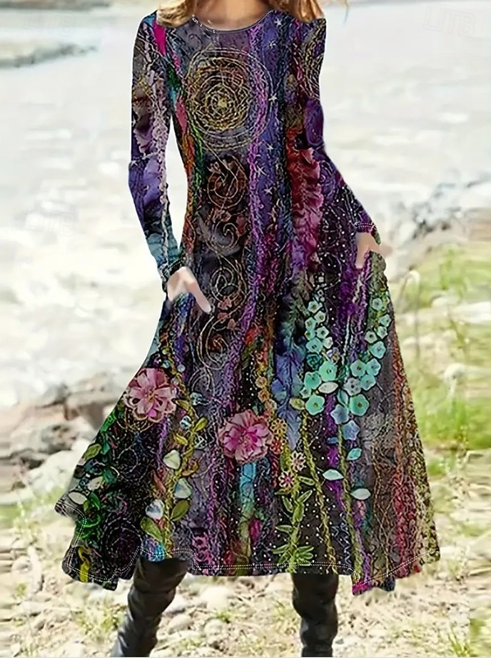 Femmes Robe maxi Robe ajustée et évasée Vacances Occasionnel Boho Soirée Quotidien Sortir Coupe régulière Fleuri Graphique À pois manche longue Col ras du cou Noir Marron clair Bleu Violet Automne de 2025 ? $36.99 –P4