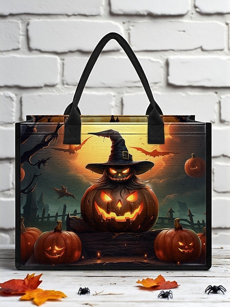 damska torba na Halloween z motywem dyni i nawiedzonego domu — duża, wielokrotnego użytku torba na zakupy z kieszenią na zamek i wytrzymałymi uchwytami, w stylu gotyckim, idealna na „cukierek albo psikus”, imprezy kostiumowe i do codziennego użytku 2025 - $19.99 –P3