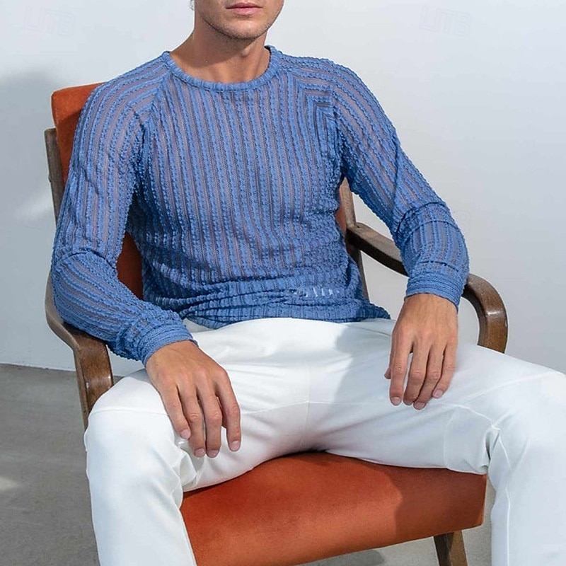 Herren T Shirt T-Shirt Langarmshirt Langarm Rundhalsausschnitt Sommer Frühling Einfach Mode Designer Basic Jacquard Urlaub Straße Ausgehen Blau Top T-Shirt für Herren 2025 - $24.99 –P2