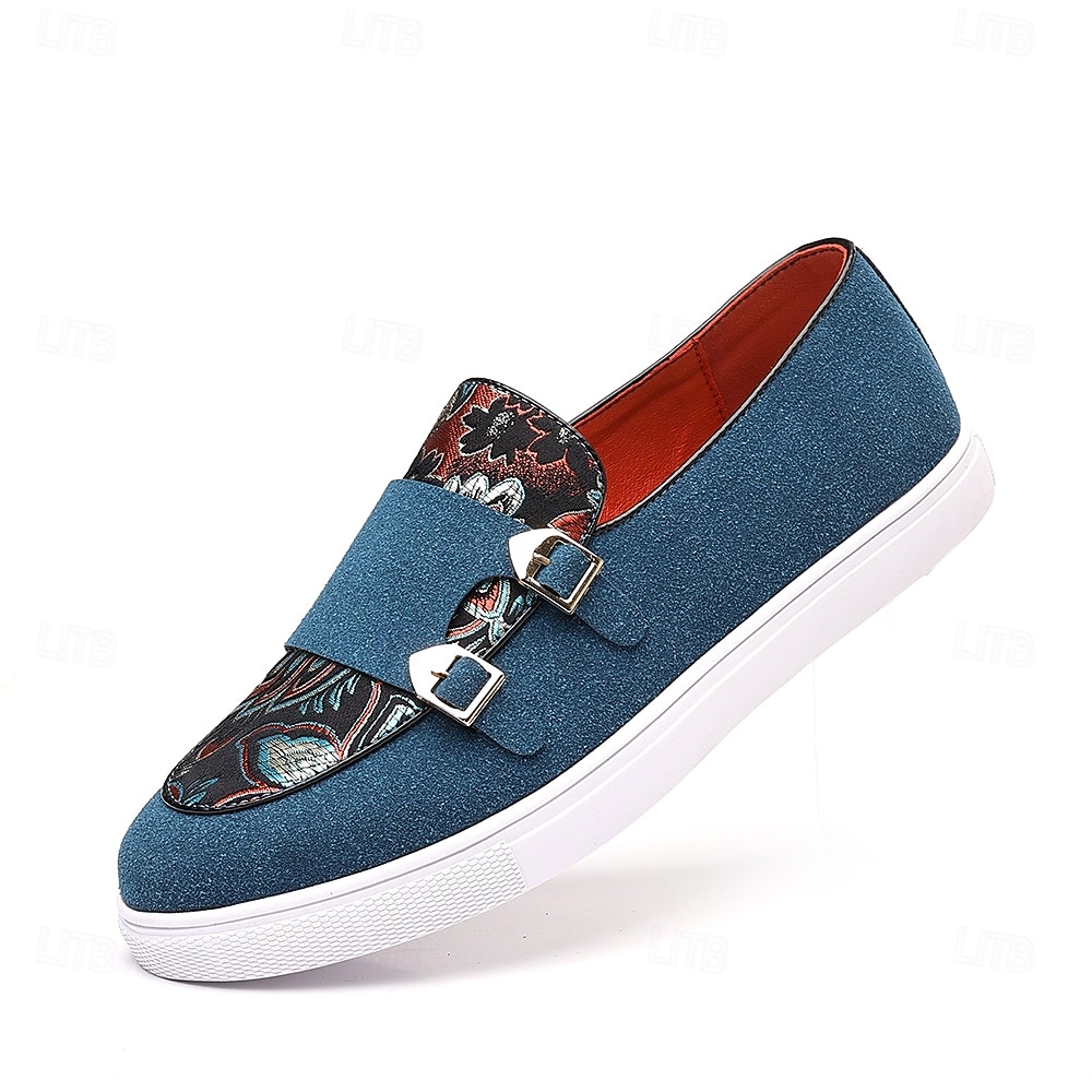 Herre denim loafers med dobbel munk stropp og etnisk trykk – moteriktige, uformelle slip-on-sko for urban stil, fester og vårantrekk 2025 - $34.99 –P1