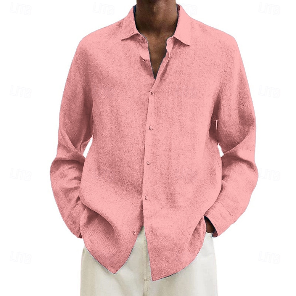 Camicia da uomo in cotone e lino, nera, rosa, blu navy, manica lunga, tinta unita, stile turndown, abbigliamento da vacanza, abbigliamento in poliestere, moda casual del 2025 a $19.49 –P4