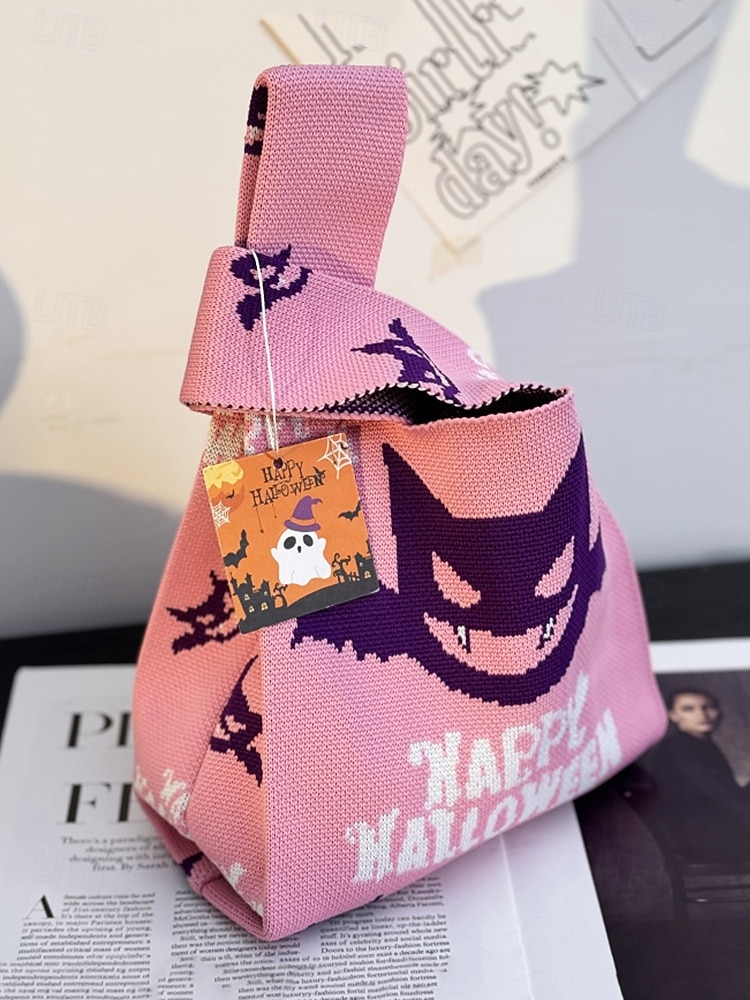 Dámská halloweenská taška – pletená kabelka se vzorem dýně a netopýra na koledování, ležérní opakovaně použitelná taška přes rameno na párty, nákupy a vánoční dárek 2025 - $9.99 –P9