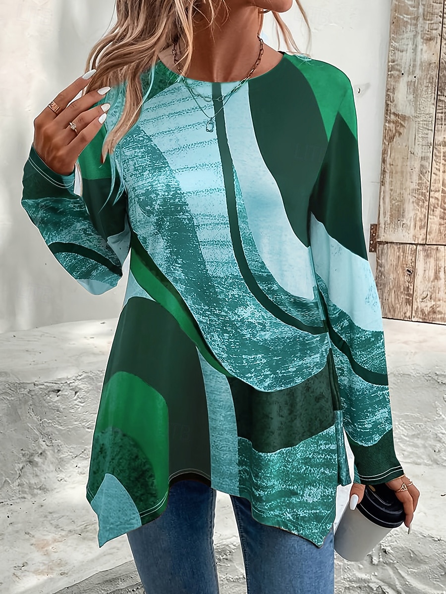 Жен. Футболка С принтом Асимметричный вырез Графика Геометрический принт Винтаж Стиль На каждый день Длинный рукав Вырез под горло Обычные топы Повседневные Красный Лиловый Коричневый Зеленый Хаки 2026 - $24.99 –P4