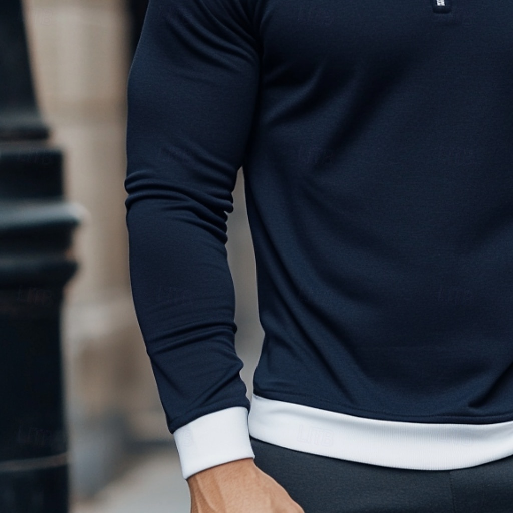 Herr T-shirt Långärmad Rund hals Hög krage Vinter Vår & Höst Alla årstider Ensfärgat Färgblock Dagligen Modern Dragkedja Crewneck falska två stycken Utomhus Casual Ledigt Marin Topp t-shirt för män 2025 - $20.99 –P2