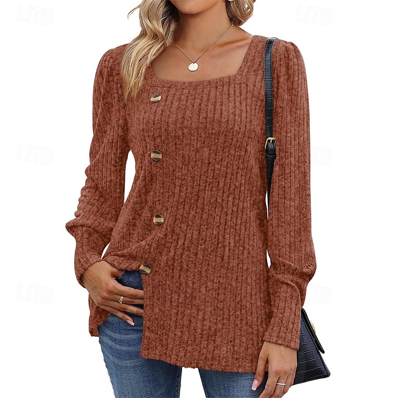 Femmes Chemisier texturé T-shirt Uni Mode Moderne manche longue Col carré Hauts Réguliers Quotidien Sortir Boutons Bordeaux Noir Rouge Marron clair Bleu Printemps Automne de 2025 ? $21.99 –P20