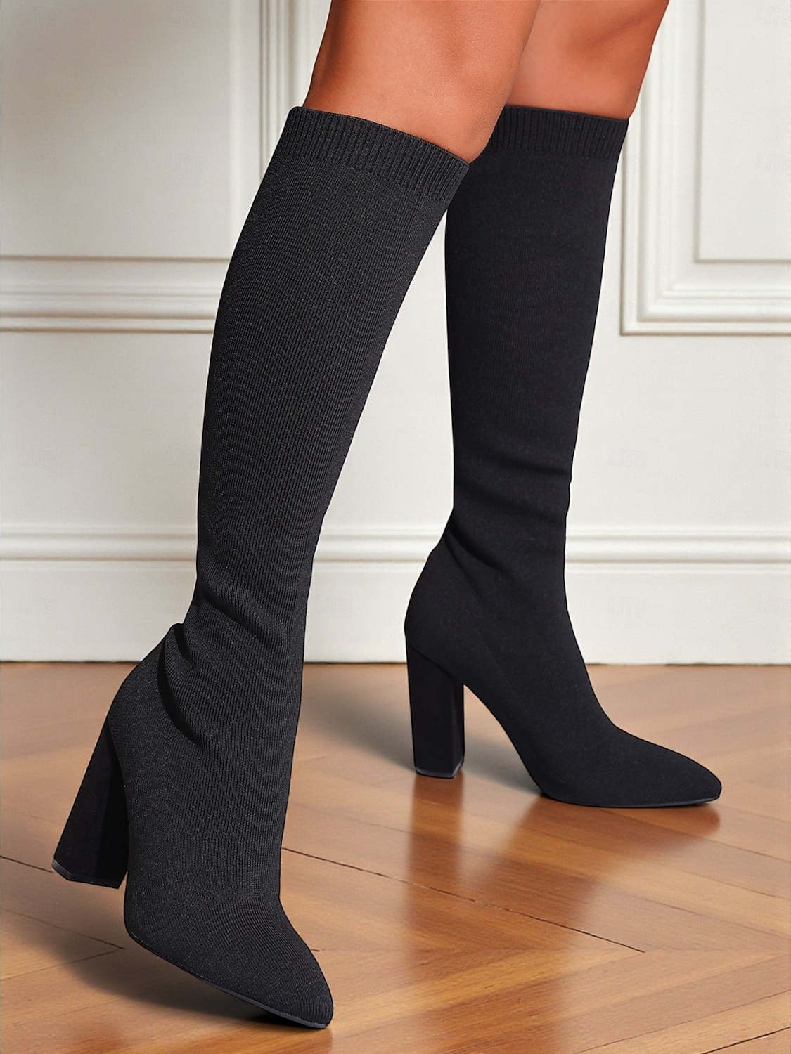 Botas altas hasta la rodilla rojas para mujer: botas largas de punto elástico, punta puntiaguda y tacón grueso para atuendos de otoño-invierno, fiestas y looks urbanos de moda. 2025 - $64.99 –P2