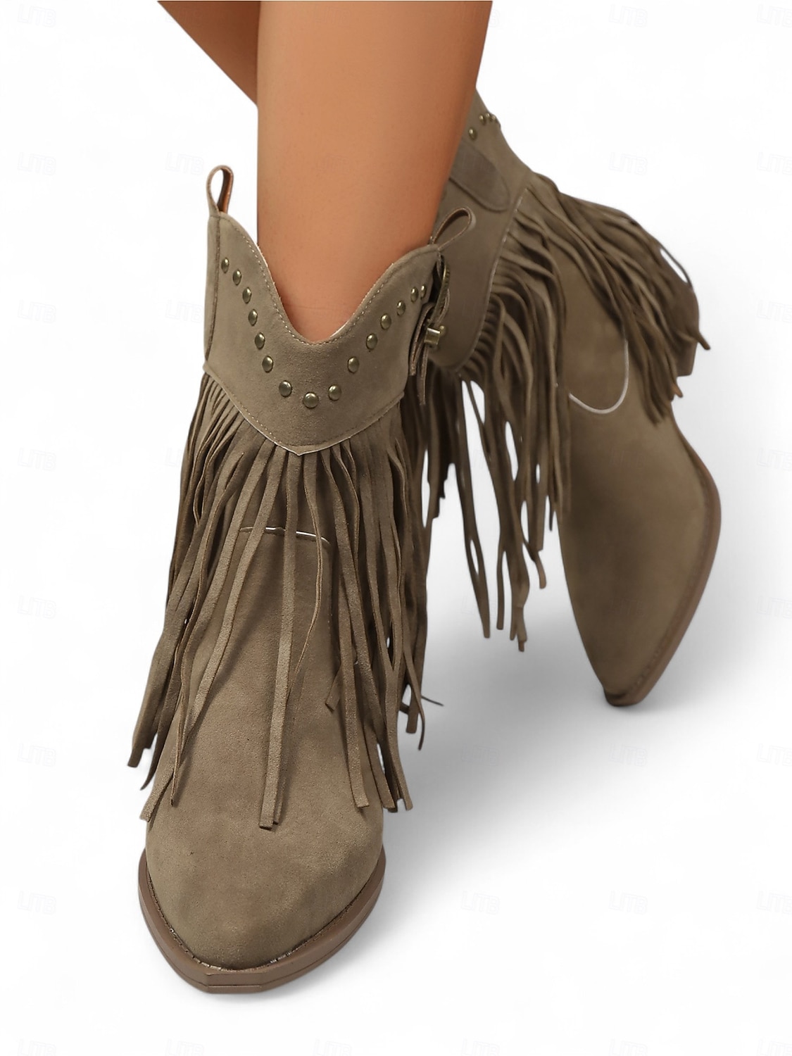 Botines de ante con flecos para mujer, ribete tachonado y hebilla estilo western, estilo vaquero bohemio. 2025 - $42.99 –P2