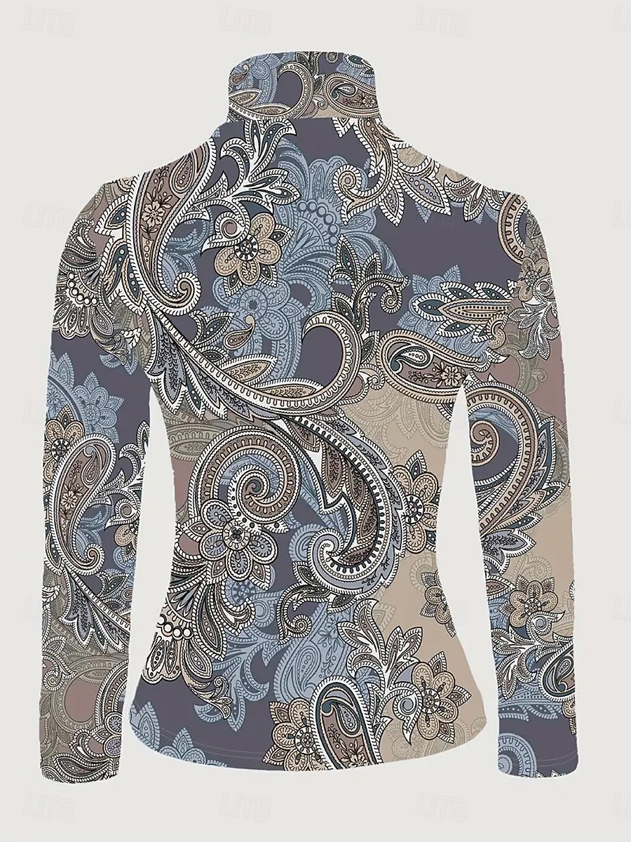 Damen T Shirt Druck Gestuft Grafik Textur Elegant Vintage Stilvoll Langarm Rollkragen Hoher Ausschnitt Asymmetrischer Ausschnitt Normale Oberteile Täglich Blau Schwarz Frühling Herbst Winter 2026 - $25.99 –P3