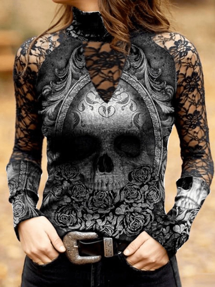Dam Blus Vintage Rock Hippie Långärmad Hög Hals Vanliga Toppar Dagstryck Svart Grön Vår Höst Vinter 2026 - $22.99 –P1