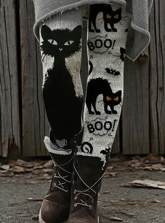 Leggings pentru femei de Halloween vacanță modă vintage lungime completă pantaloni cu talie înaltă grafică cu craniu și pisică imprimare moale respirabilă elastică pentru exterior vacanță stradă gri 2026 - $24.99 –P3