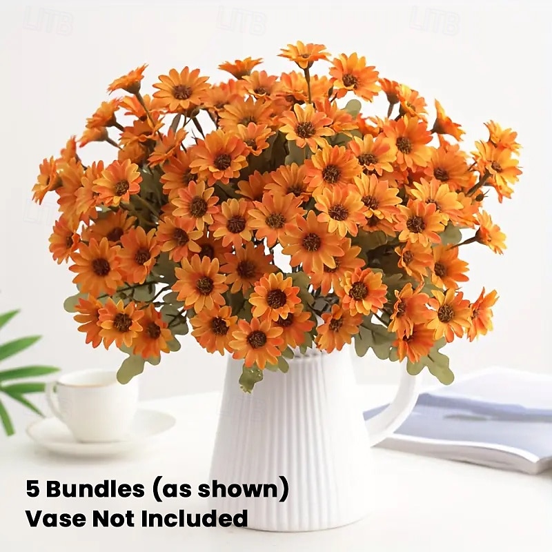 5 paquetes de crisantemos artificiales de otoño, crisantemos al atardecer, flores artificiales de otoño para exteriores con margaritas y eucalipto, resistentes a los rayos UV, impermeables, a prueba de viento, plantas realistas de plena floración para jar 2025 - $20.99 –P1