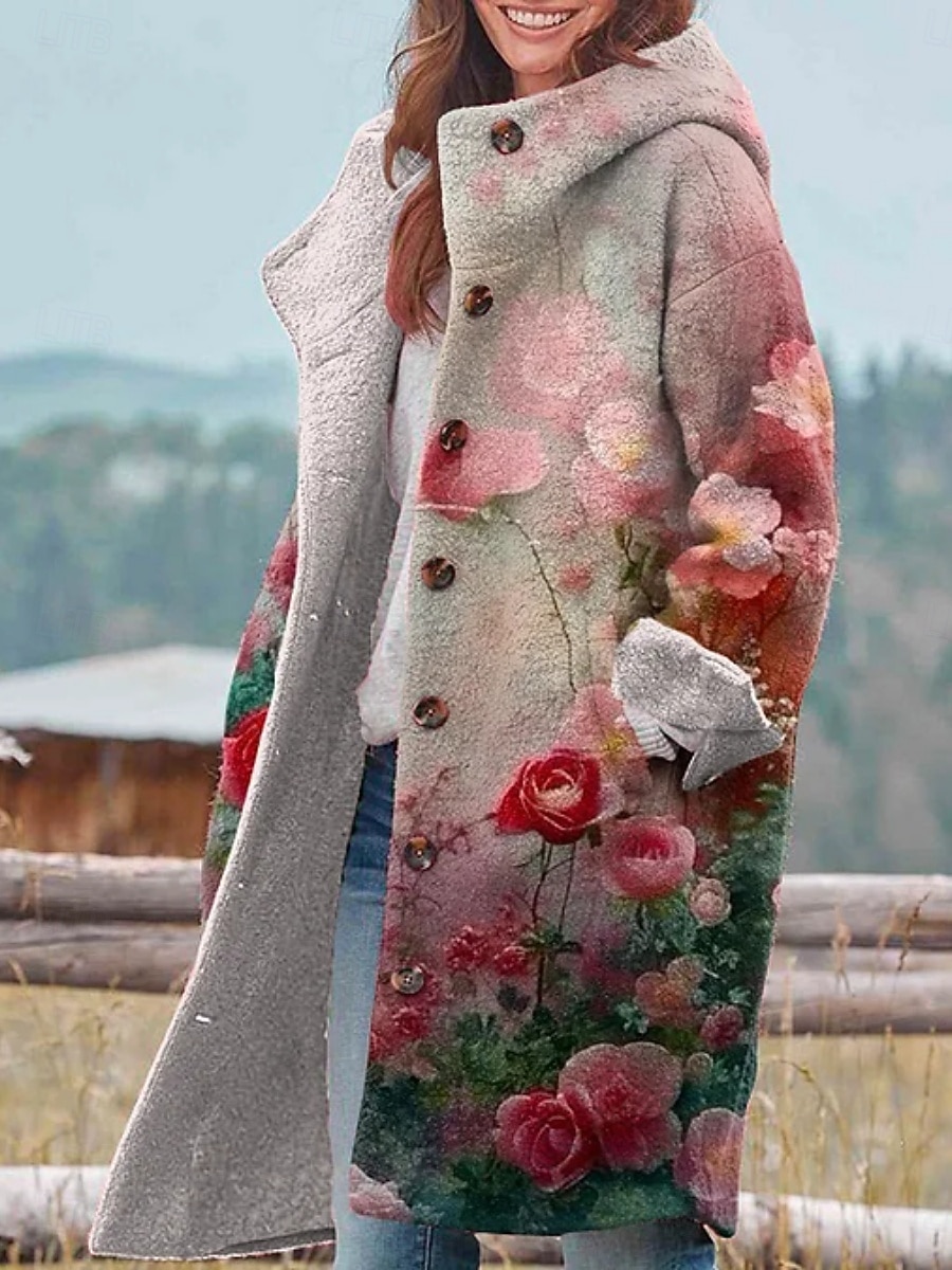 Dame Vinterjakke Fleece-jakke Frakk Hold Varm Pustende Lomme Knapper Trykt mønster Aktiv Daglig Fritid Blomstret Feriereise Gate Daglig Enkeltkneppet Lang Hettegenser Normal Langermet Yttertøy Gul 2025 - $46.99 –P2