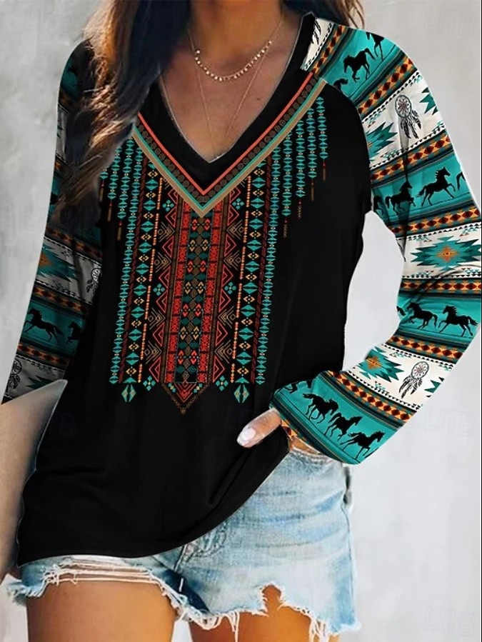 Femmes T-shirt Imprimé Graphique Géométrique Tribal Élégant Bohème ancien manche longue Col en V Hauts Réguliers Quotidien Sortir Week-end Bleu Noir Jaune Rouge Vert foncé Printemps Automne de 2026 ? $24.99 –P2