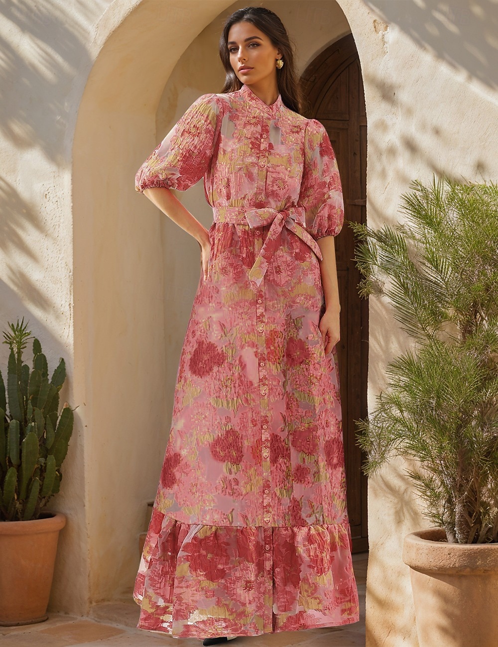 Rochie de seară florală jacquard A-Line rochie formală pentru nuntă lungime până la podea mânecă scurtă mânecă tip bulă cămașă cu guler organza cu volănașe 2025 - $179.99 –P1