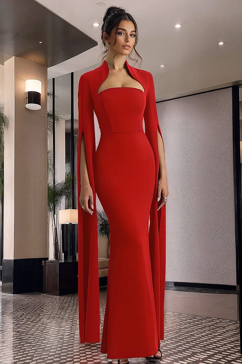 abito da sera a sirena/tromba con mantello rosso, elegante, formale, da sposa, lungo fino al pavimento, manica lunga, collo alto, in crêpe elasticizzato con spacco 2025 del 2025 a $132.99 –P1