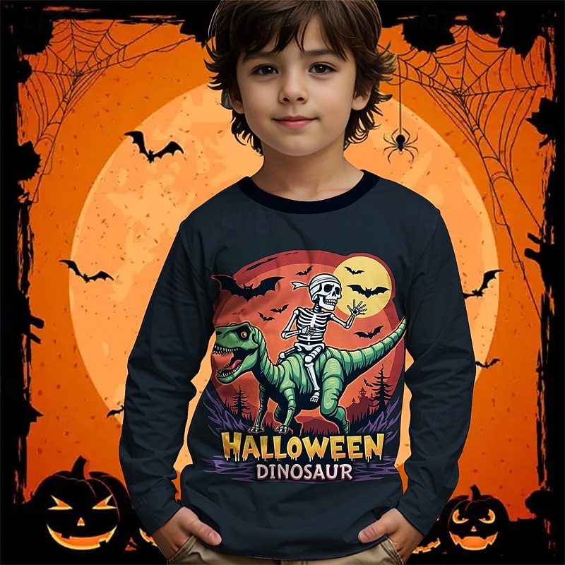 Halloween Pojkar 3D Tecknat Dödskalle Dinosaurie T-shirt Långärmad Vår Höst Mode Grundläggande Barn 4-12 år Rund hals Utomhus Ledigt Dagligen Normal 2025 - $13.99 –P1
