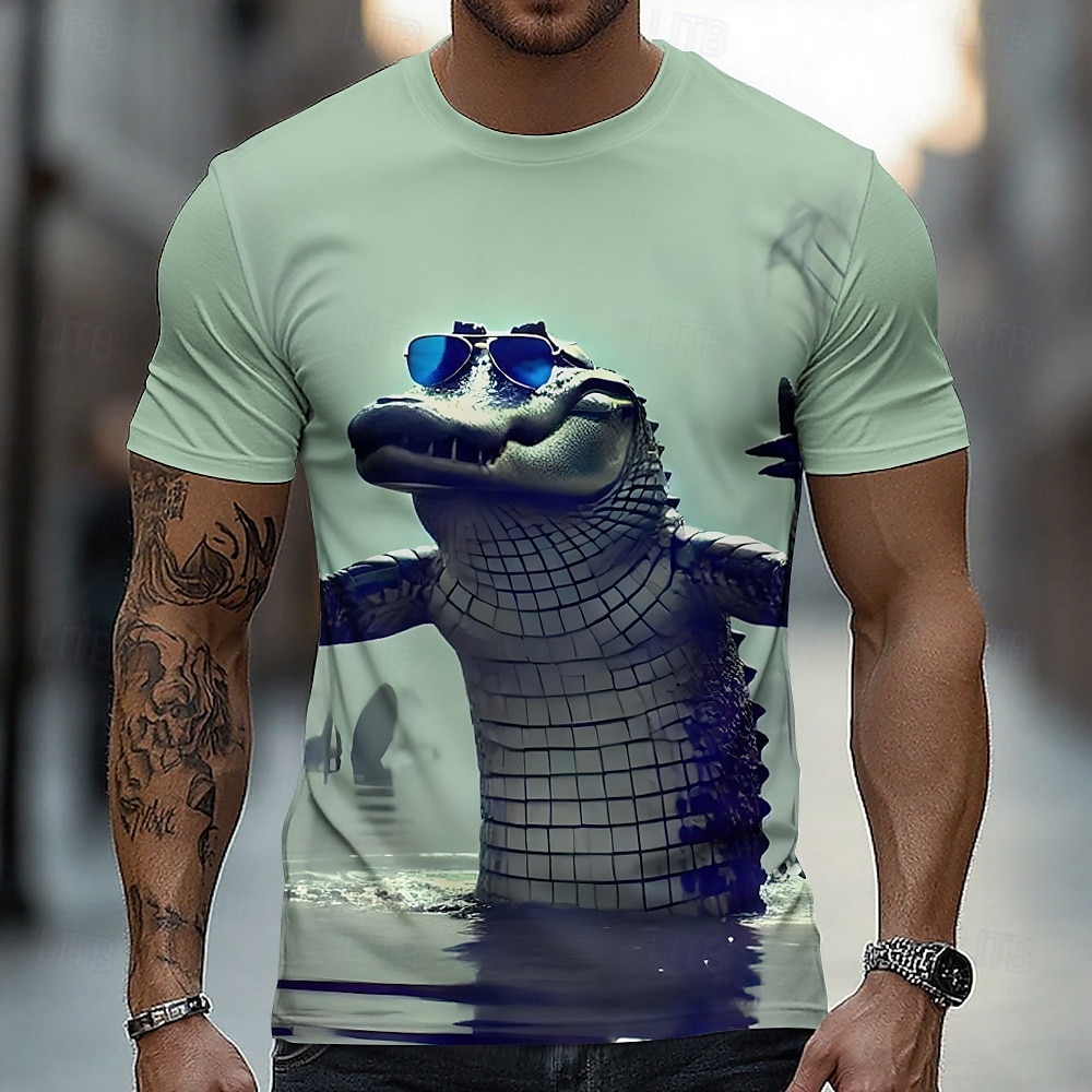 2025年 男性用 クロコダイル おかしい Tシャツ 半袖 Tシャツ 3Dプリント クルーネック シャツ 誇張された デザイナー パーティー ストリート カジュアル 緑 2# ライトグリーン ミントグリーン 夏 春 オールシーズン 衣類 S M L XL XXL XXXL  コレクション – $18.99 –P4
