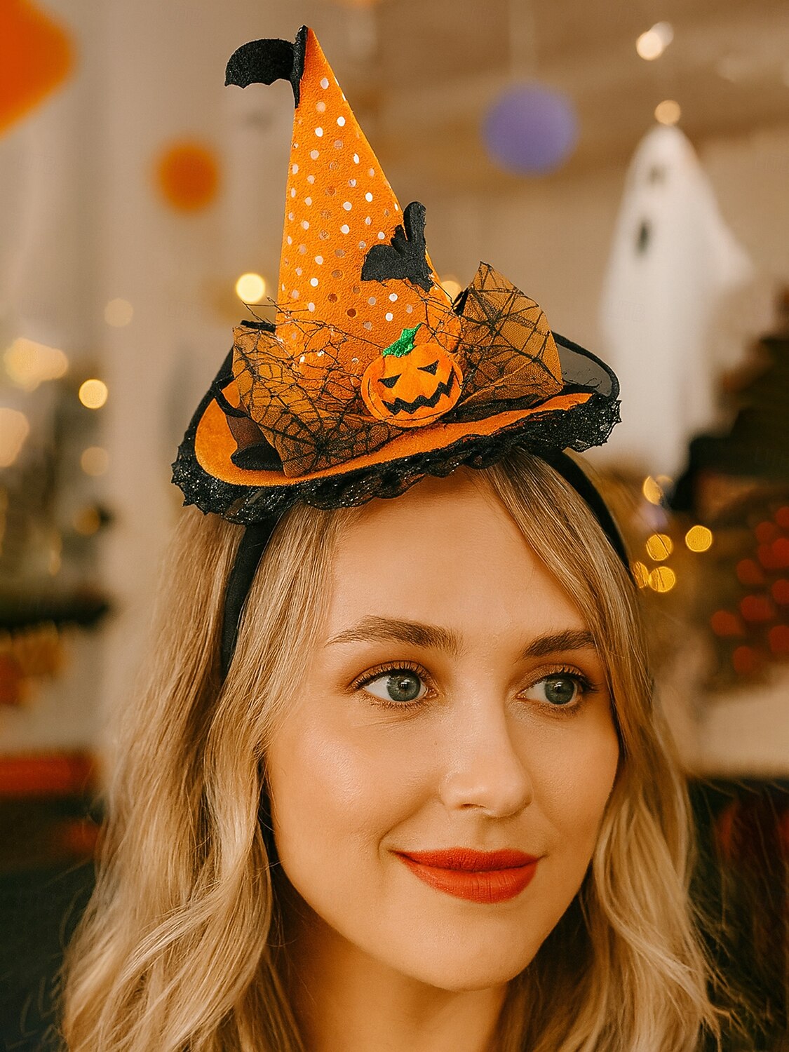 Dámská halloweenská čelenka s čarodějnickým kloboukem - fialový pavouk a duch, dekorační kostýmní doplněk na párty, cosplay a převlékání 2025 - $14.99 –P4