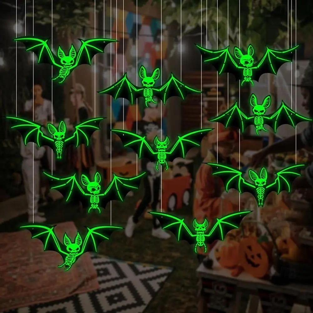 10 pezzi di decorazioni per l'atmosfera horror di Halloween, appese agli alberi con luce notturna fluorescente da pipistrello stereoscopico 3D, decorazioni per feste e case infestate del 2025 a $21.99 –P5