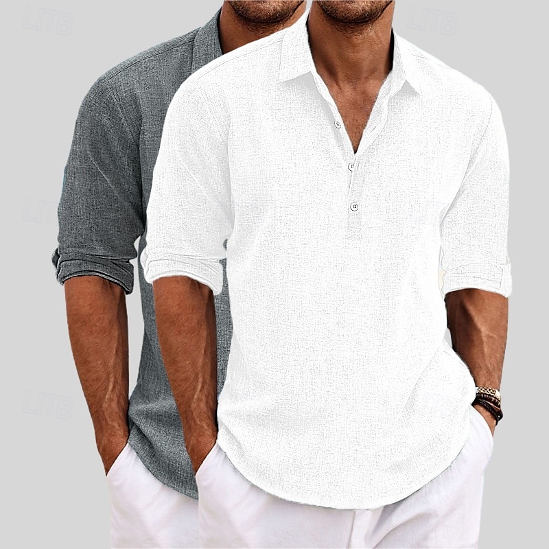 Herren Hemd Leinenhemd Sommerhemd Strandbekleidung Einfach Urlaub Lässig Khaki + Schwarz Blau+Khaki Grau+Khaki Weiss + schwarz Langarm Revers Sommer Frühling Bekleidung 2025 - $29.99 –P9