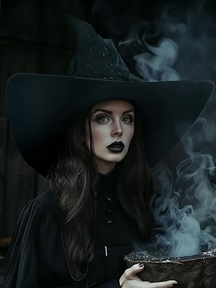 Dámský halloweenský čarodějnický klobouk – černý satén s hvězdnými třpytkami a průsvitným tylovým závojem – ideální pro halloweenské kostýmy a večírky 2025 - $14.99 –P3