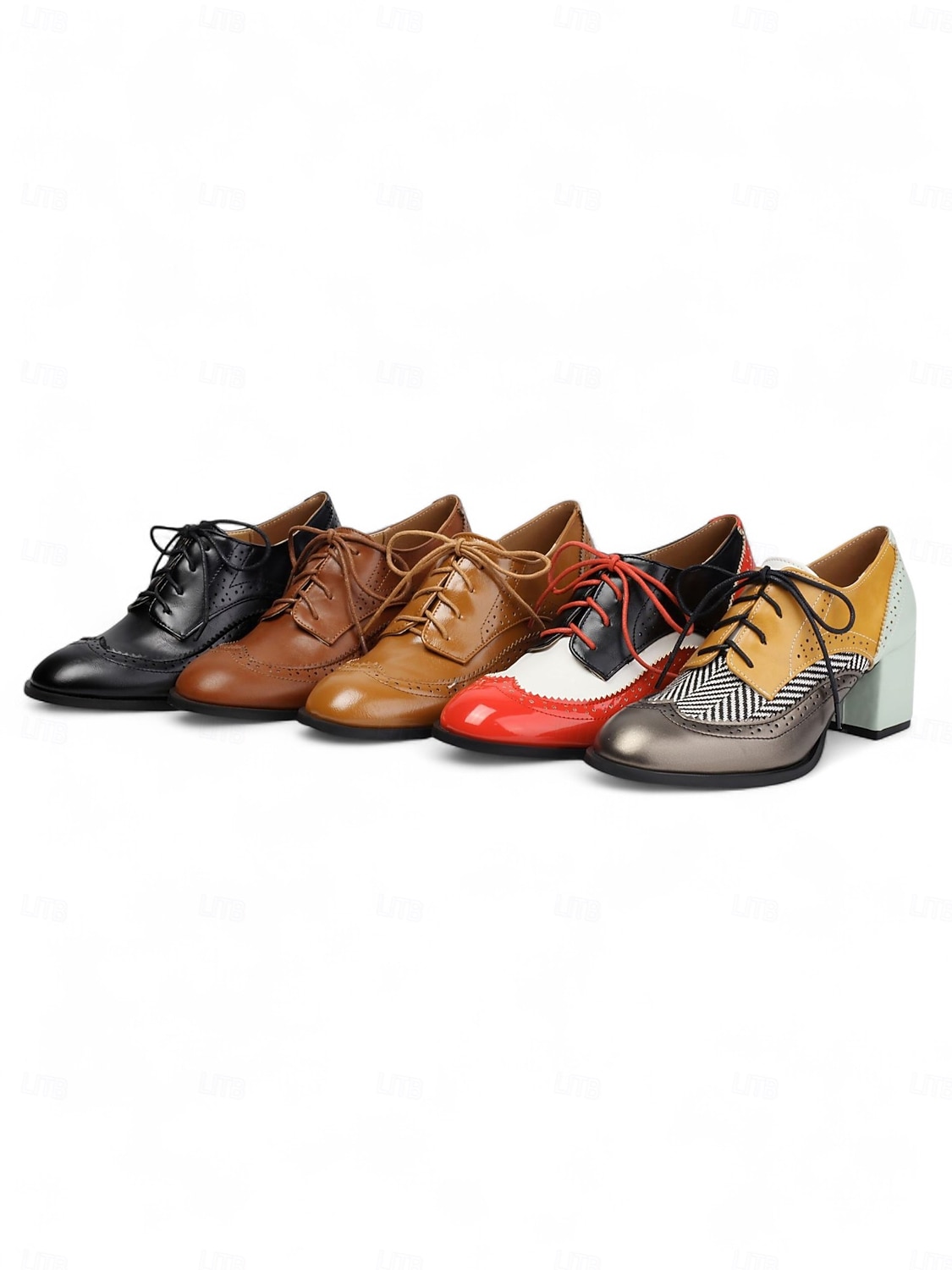 Zapatos brogue oxford de tacón grueso con bloques de color para mujer: zapatos de vestir vintage con cordones de los años 50 con detalle de espiga de tweed para la oficina, el Oktoberfest y la moda de 2026 - $46.99 –P1