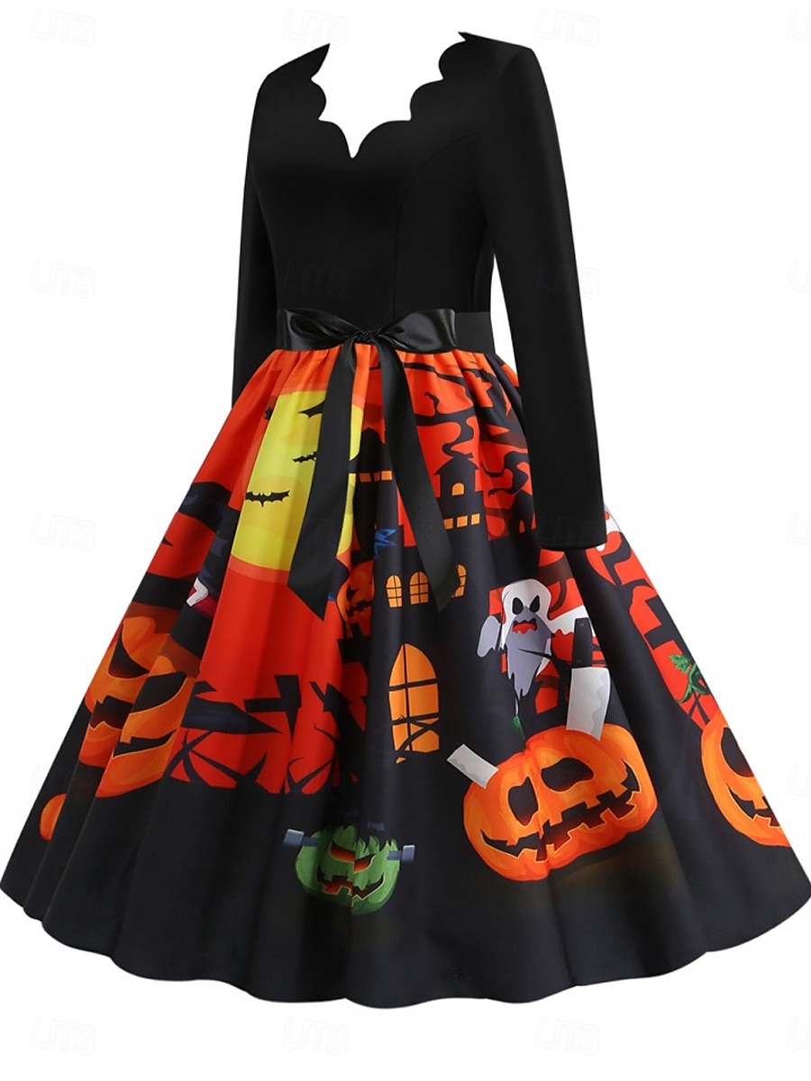 Rochie midi de Halloween pentru femei cu imprimeu de dovleac rochie în formă de A casual zi de zi vacanță croială regulată dovleac mânecă lungă guler în V galben albastru mov portocaliu vară 2025 - $28.99 –P8