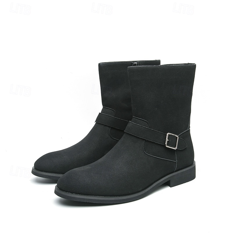 Men's Khaki Faux Suede Mid-Calf Boots with Side Buckle Straps, Retro Cowboy Style Boots for Casual Outfits and Party Occasions 2025 - $54.99 –P1
