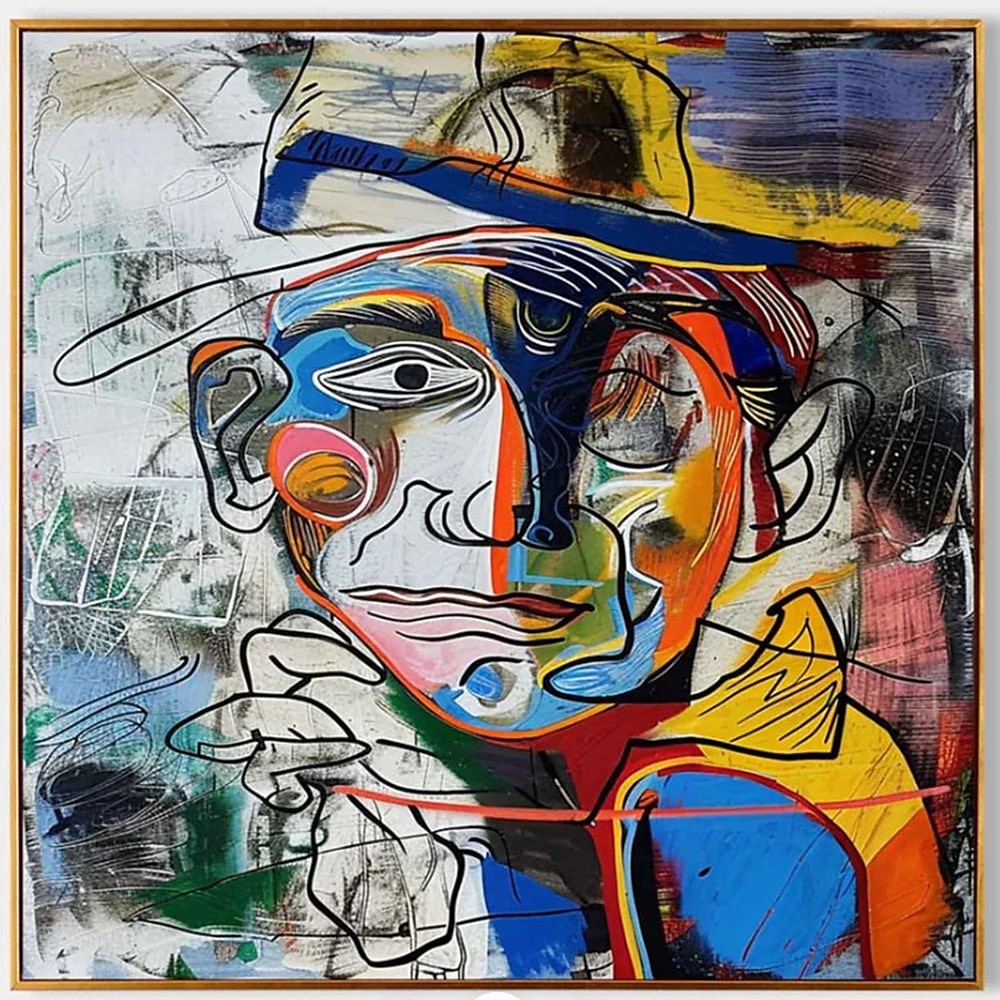 pintura a óleo feita à mão, retrato abstrato, arte, bloqueio de cores em negrito, arte expressionista moderna, paleta vibrante, contraste, azul, amarelo, vermelho, pinceladas expressivas, tela de 2025 por $201.49 –P6