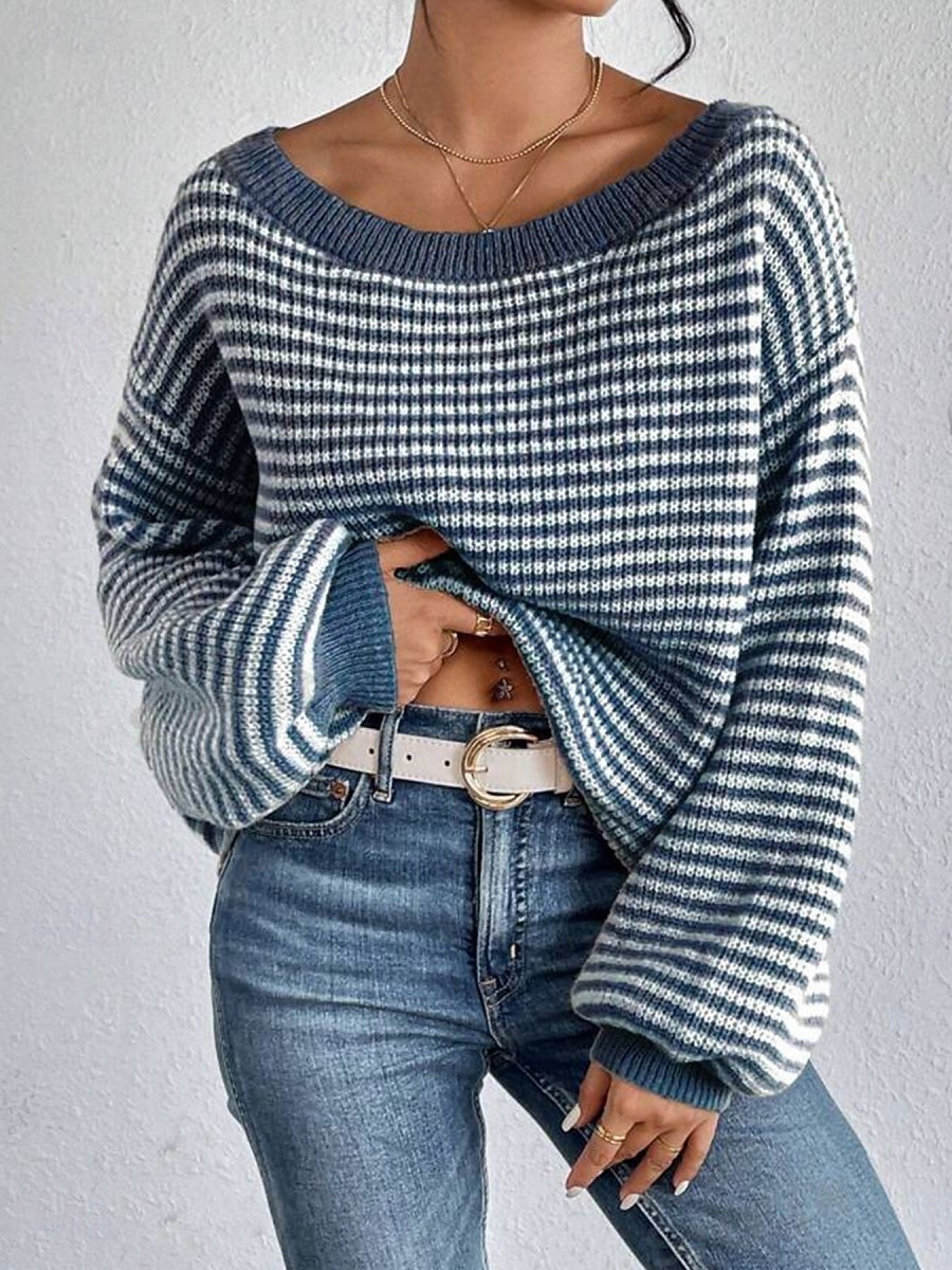 Damen Pullover Lässig Weich Gestreift Gerippt U-Boot-Ausschnitt Gestrickt Langarm Normale Oberteile Stricken Outdoor Täglich Wochenende Schwarz Rote Herbst Winter 2025 - $28.99 –P5