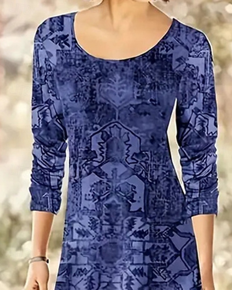 Damen Langes Kleid Maxikleid Freizeitkleid Druckkleid Vintage Mode Täglich Date Wochenende Normale Passform Blume Langarm Rundhalsausschnitt Blau Dunkelgray Frühling Herbst 2025 - $22.99 –P3