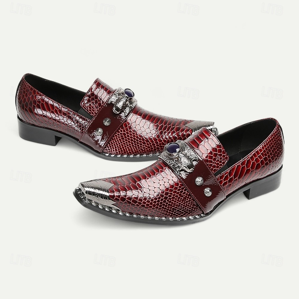 Mocassins en cuir à motif crocodile bordeaux pour hommes avec boucle en métal et détail de pierres précieuses, chaussures habillées de luxe pour mariages, fêtes et occasions formelles de 2025 ? $109.99 –P7