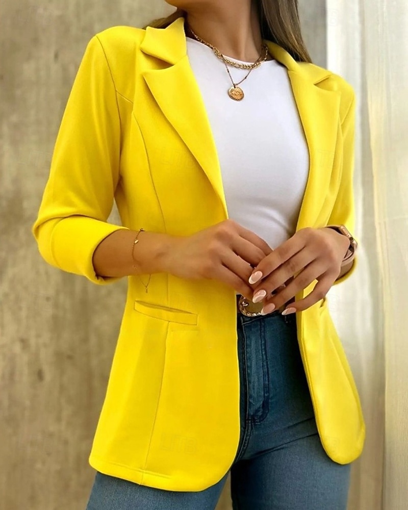 Dames Blazer Comfortabel Zak Elegant Modieus Buiten Effen Uitgaan Casual / Dagelijks Weekend Cardigan Normaal Revers Normale pasvorm Lange mouw bovenkleding Wit Geel Lichtgroen Lente Herfst 2026 - $28.99 –P1