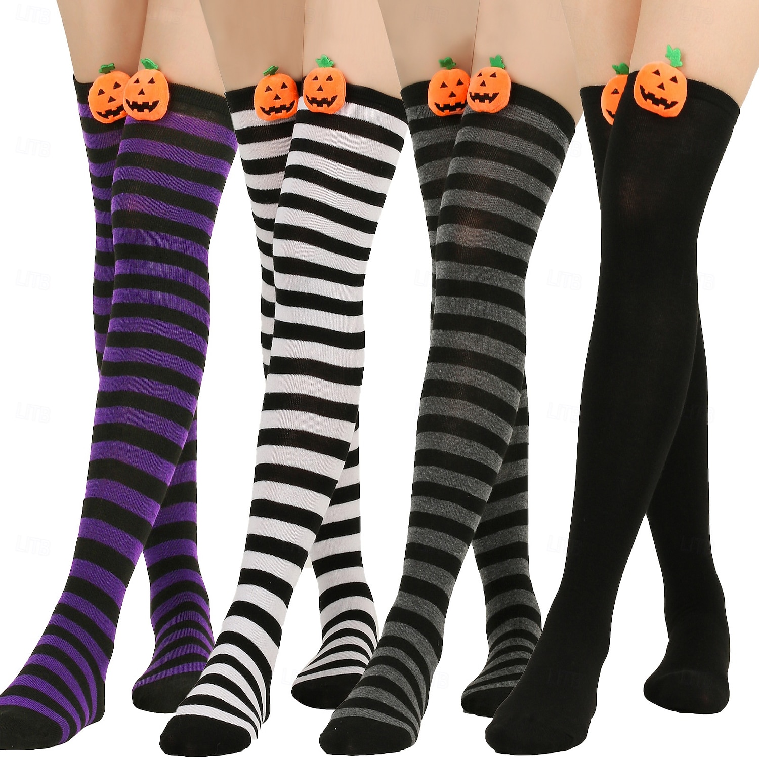 Damskie skarpetki za kolano na Halloween - bawełniane, długie pończochy w paski z uroczym wzorem dyni, zabawne i wygodne, nowatorskie pończochy na imprezy kostiumowe, cosplay i wydarzenia świąteczne 2025 - $11.99 –P3