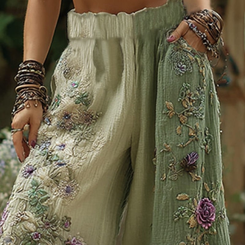 Femmes Jambe large Pantalons Pantalon palazzo ancien Boho Longueur complète Taille haute Fleur Taille Élastique Impression Respirabilité Confortable Rue Tenue quotidienne Sortir Vert Printemps Automne de 2025 ? $19.99 –P2