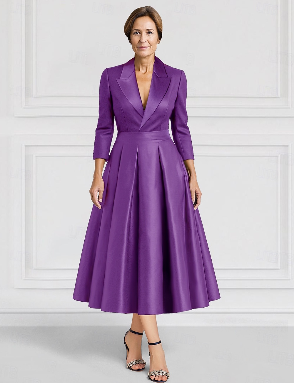 Women's Tuxedo Dress A-Line Formal Wedding Guest Satin Silk Elegant Vintage Long Sleeve Tea Length Peak Lapel 2026 - $159.99 –P4