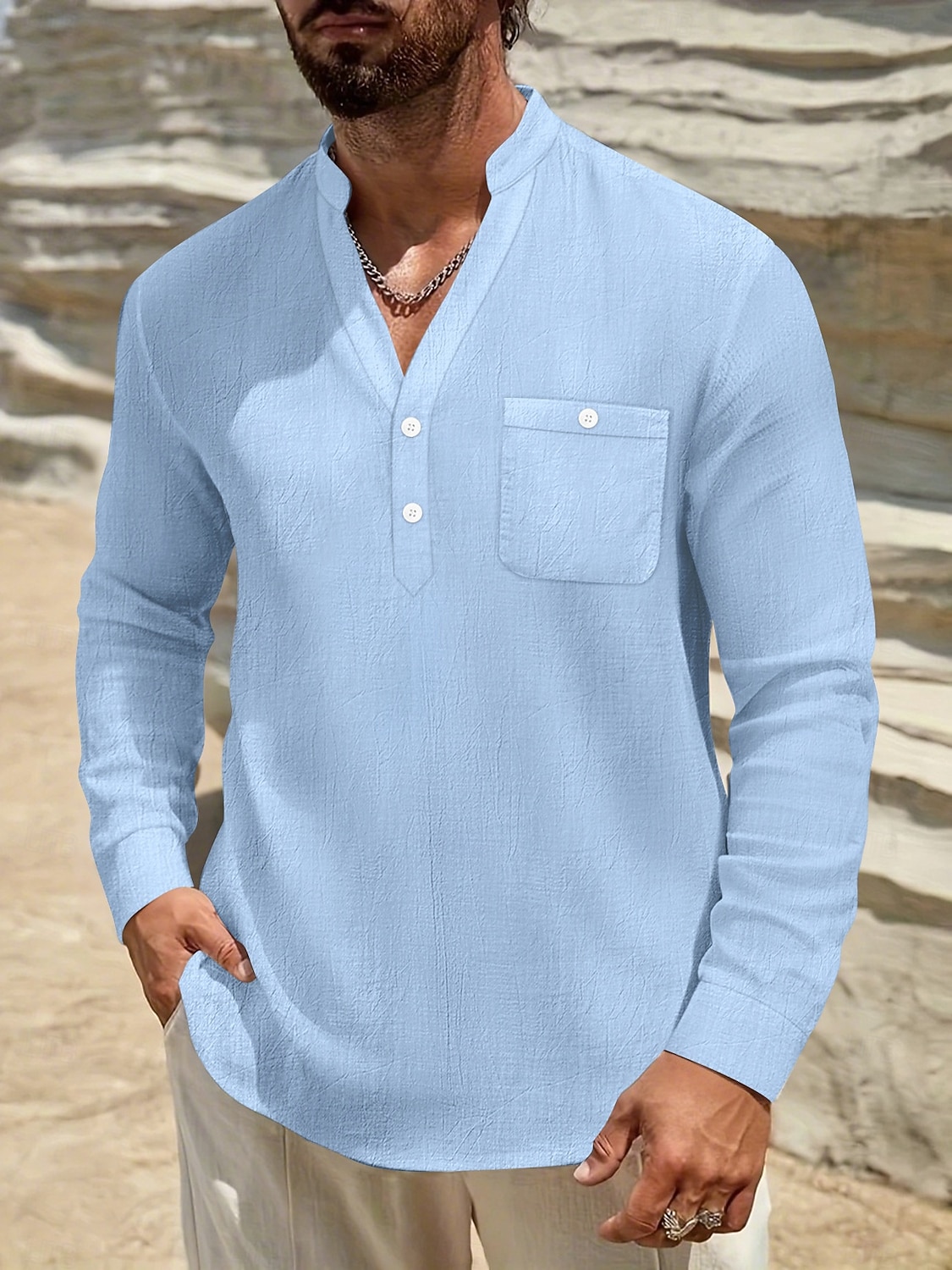 Herren Hemd Leinenhemd Wikinger-Stil Sommerhemd Strandbekleidung Einfarbig Urlaub Straße Schwarz Weiß Marineblau Blau Langarm Henley Sommer Frühling Bekleidung Tasche 2026 - $22.99 –P10