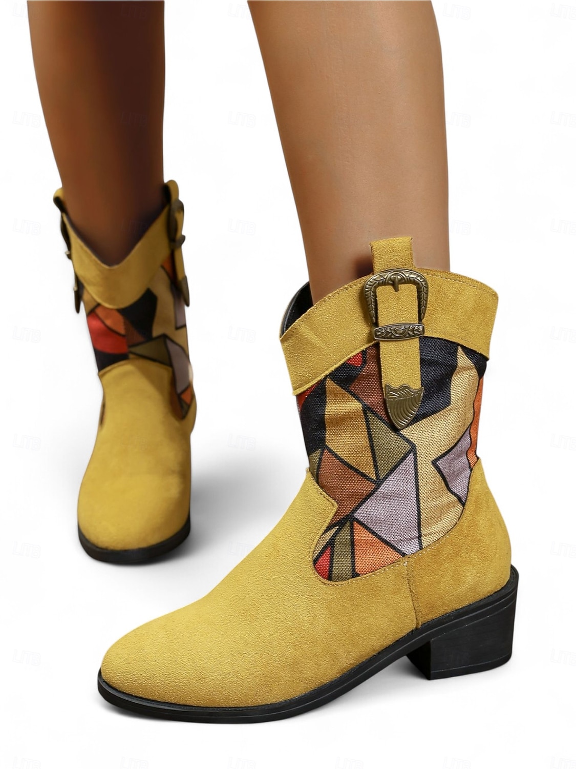 מגפי בוקרים מזמש לנשים עם אבזם בהדפס נמר ועקבים נמוכים, נעליים אופנתיות אורבניות 2025 - $34.99 –P4