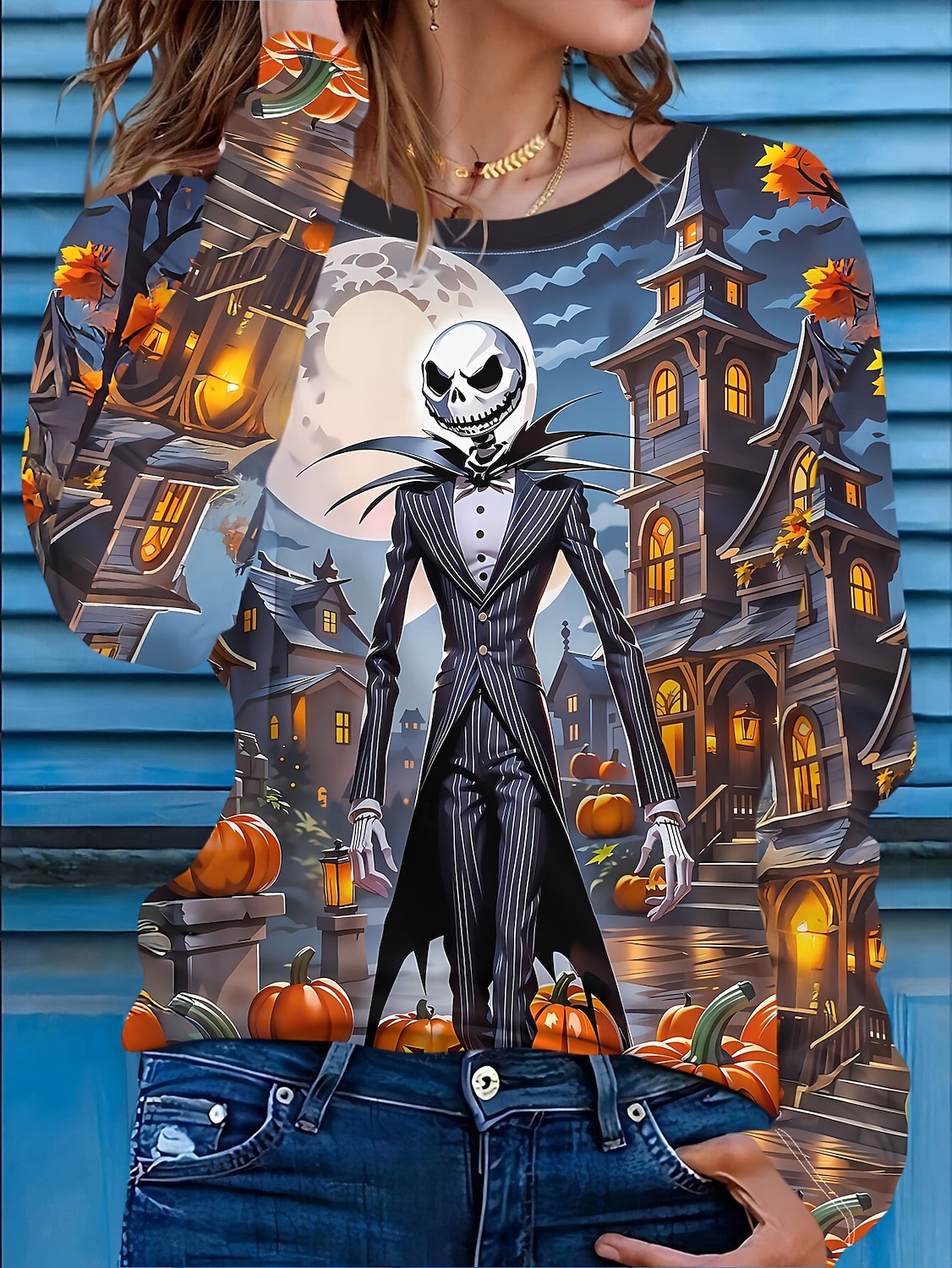 Halloween Dámské Tričko Grafika Lebky Dýně Vinobraní Módní stylové Dlouhý rukáv Tričkový Běžné topy Denní Tisk Vodní modrá Podzim Zima 2025 - $22.99 –P4