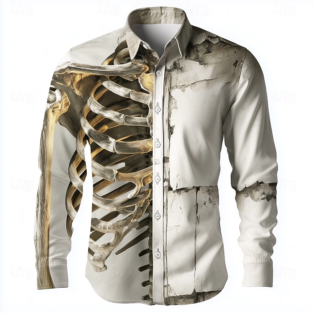 Halloween Per uomo Illusione ottica Scheletro Camicia Camicia con Bottoni Manica Lunga Stile gotico oscuro All'aperto Ferie Primavera Autunno Collo ripiegato Stampa 3D Camicia tipo lino Bianco 1 del 2025 a $25.99 –P3