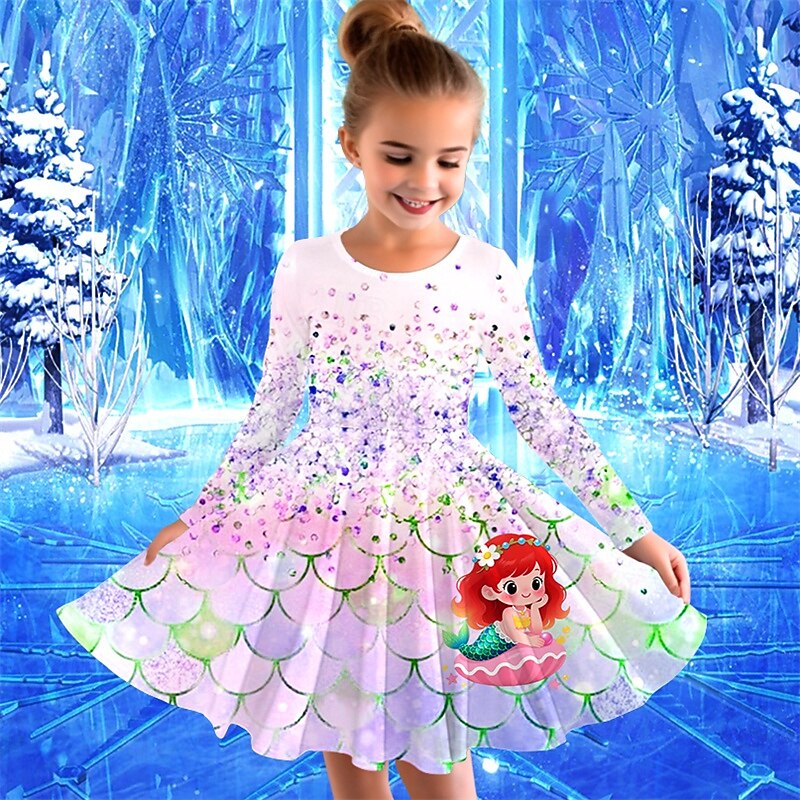 Flickor 3D Grafisk Sjöjungfru Klänning Långärmad Sommar Vår Semester Dagligen Helgdag Prinsessa Skön Ljuv Barn 4-12 år Vardagsklänning A linjeklänning Knälång Normal 2025 - $16.99 –P3