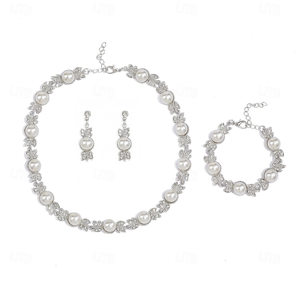 2026年 ジュエリーセット 3 ホワイト 真珠 クロム 1×ブレスレット イヤリング ネックレス 女性用 エレガント ヴィンテージ ファッション ビンテージ クラシック ジュエリーセット 用途 結婚式 パーティー 結婚式のゲスト  コレクション – $21.99 –P5